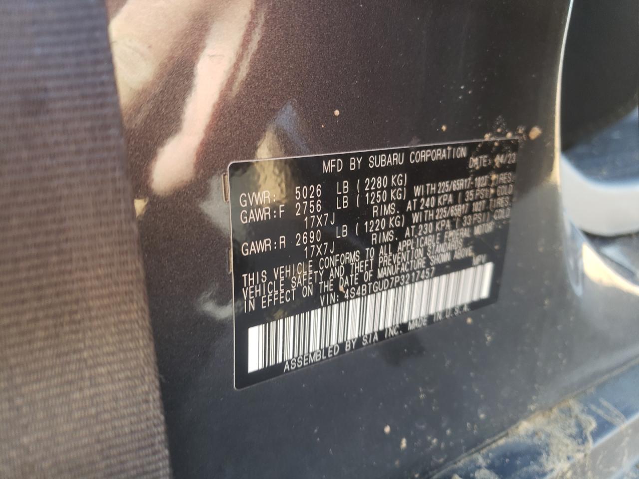 2023 SUBARU OUTBACK WILDERNESS VIN:4S4BTGUD7P3217457