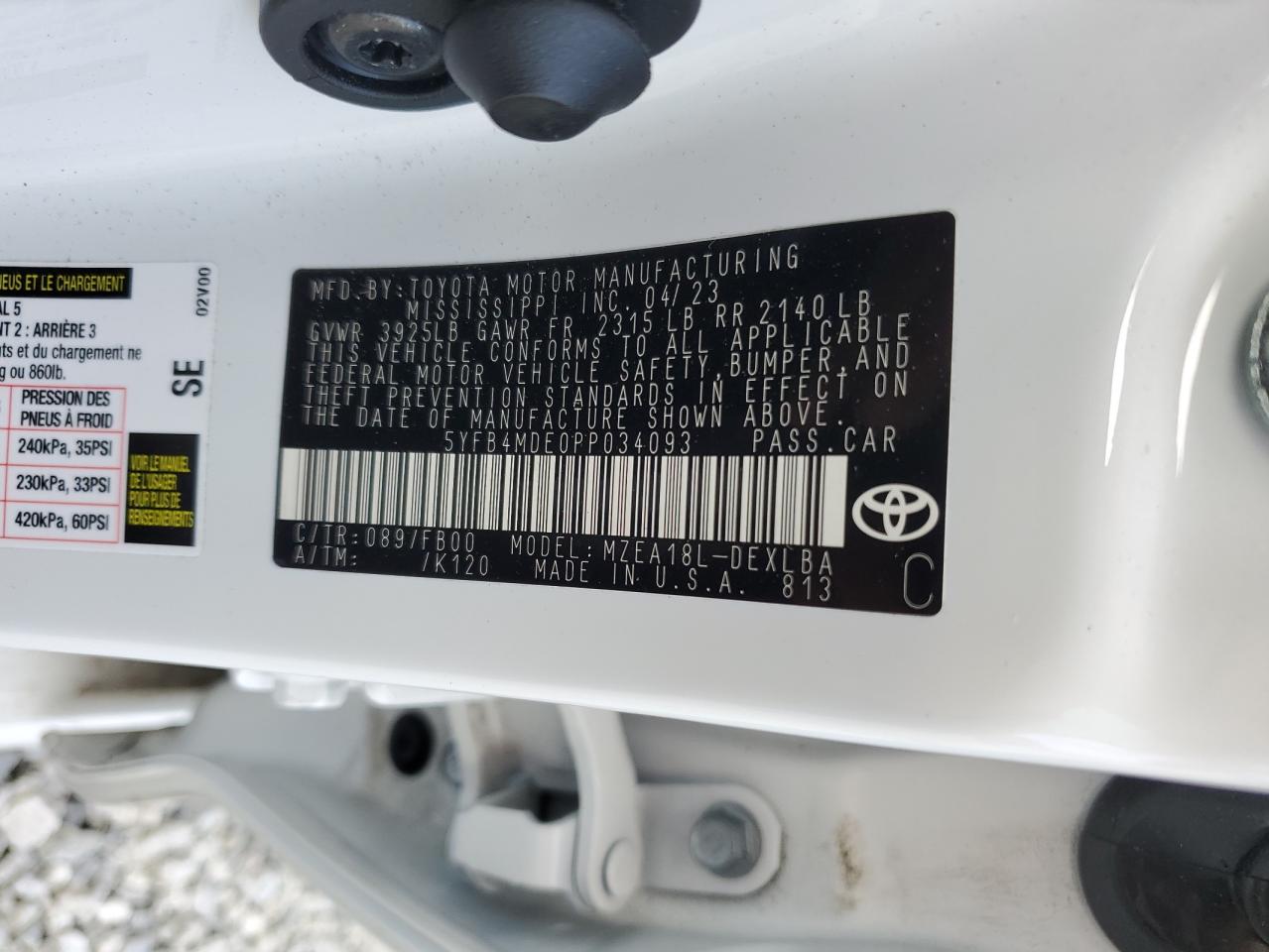 2023 TOYOTA COROLLA LE VIN:5YFB4MDE0PP034093