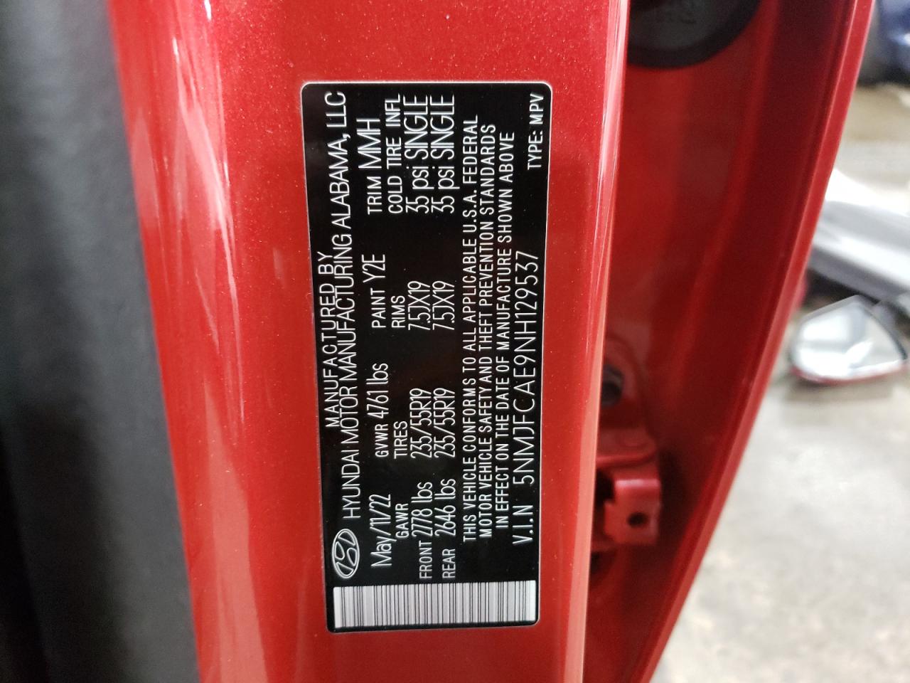 2022 HYUNDAI TUCSON SEL VIN:5NMJFCAE9NH129537
