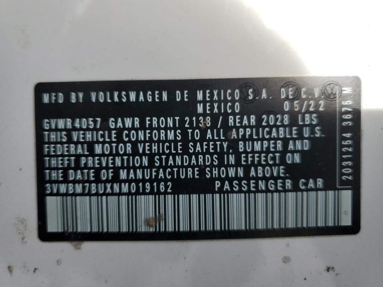 2022 VOLKSWAGEN JETTA SPORT VIN:3VWBM7BUXNM019162
