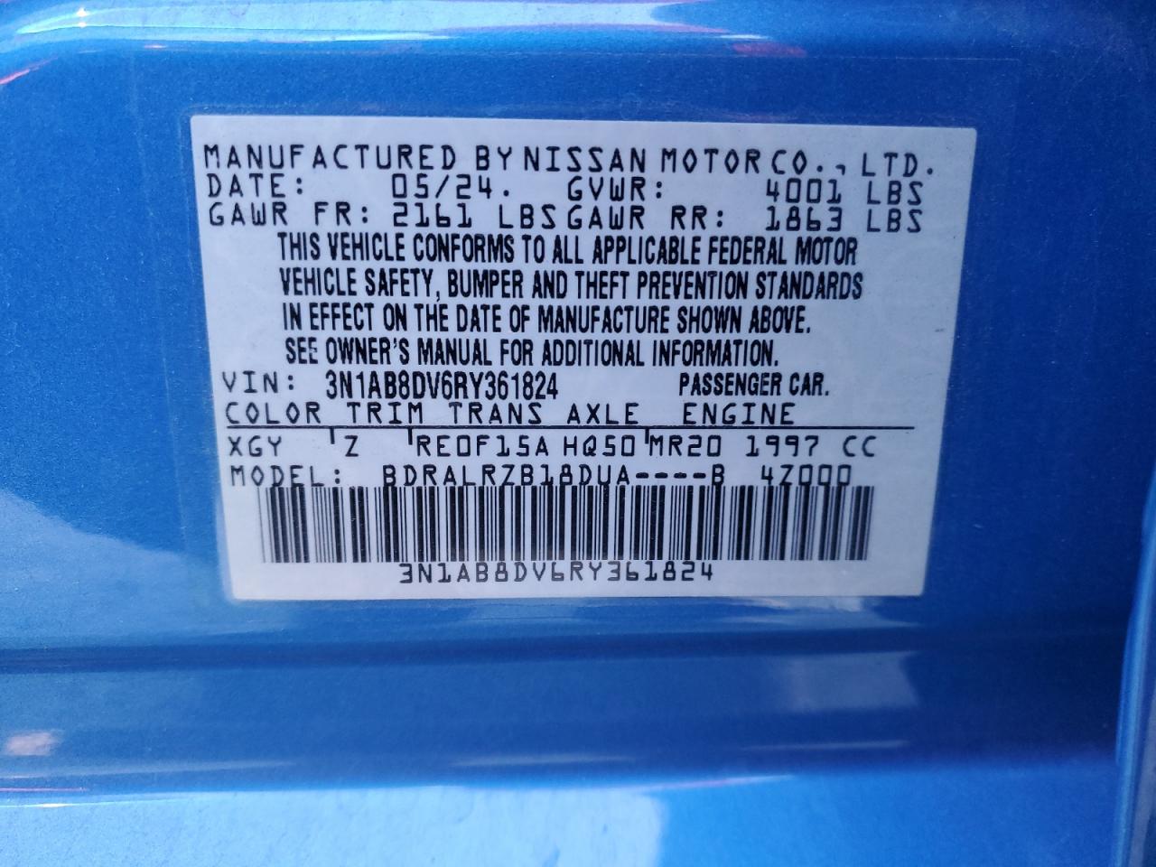 2024 NISSAN SENTRA SR VIN:3N1AB8DV6RY361824