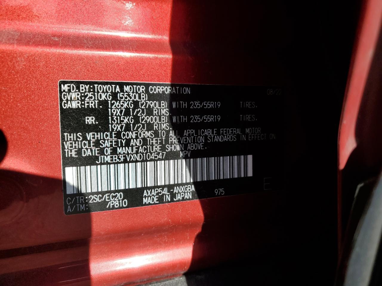 2022 TOYOTA RAV4 PRIME XSE VIN:JTMEB3FVXND104547