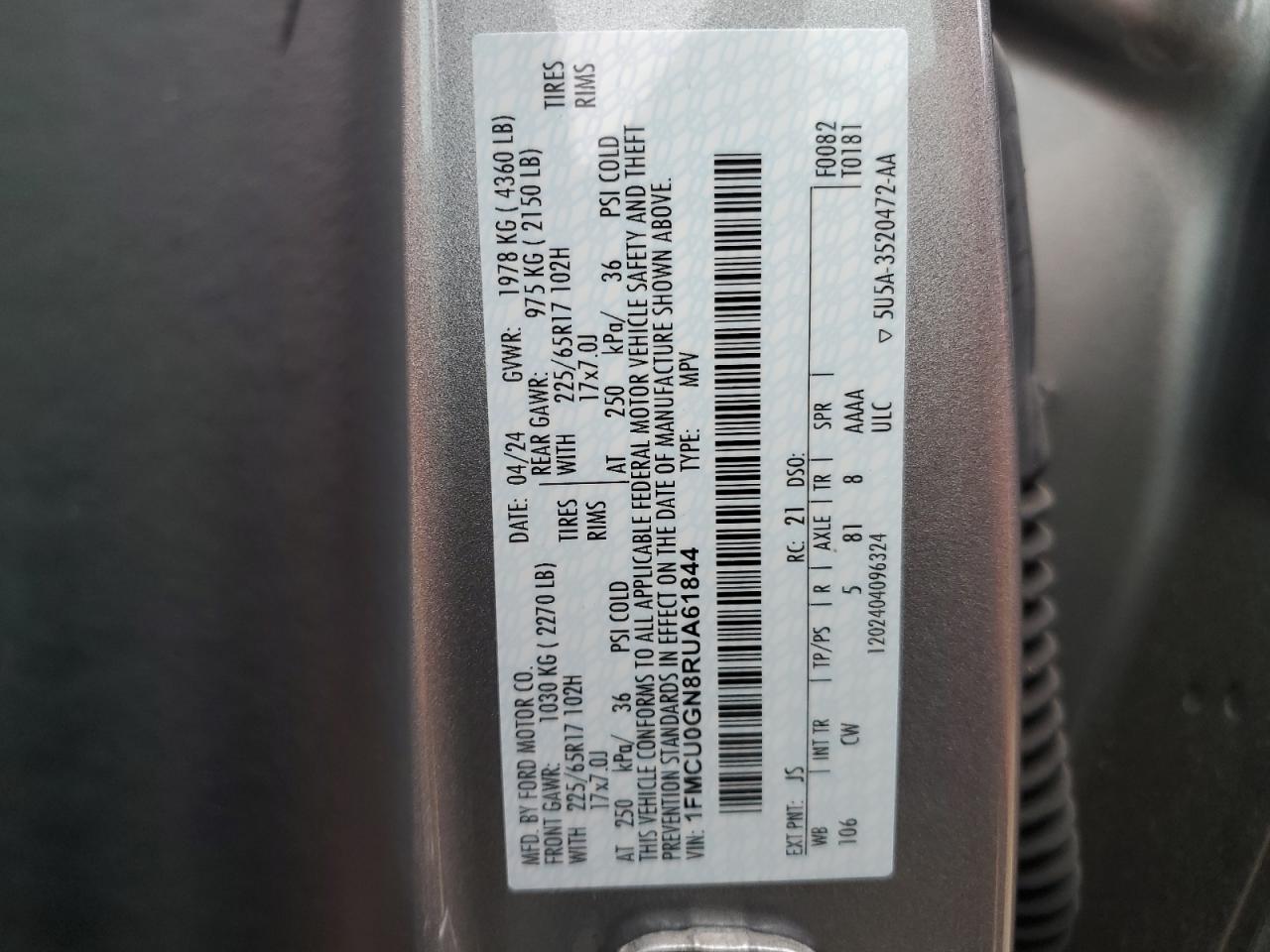 2024 FORD ESCAPE ACTIVE VIN:1FMCU0GN8RUA61844