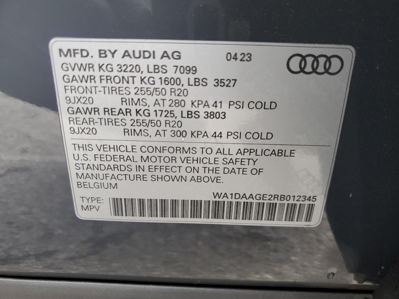 2024 AUDI Q8 E-TRON SPORTBACK PRESTIGE VIN:WA1DAAGE2RB012345