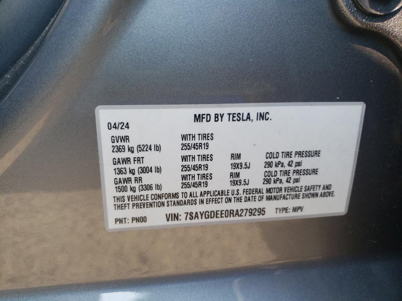 2024 TESLA MODEL Y  VIN:7SAYGDEE0RA279295