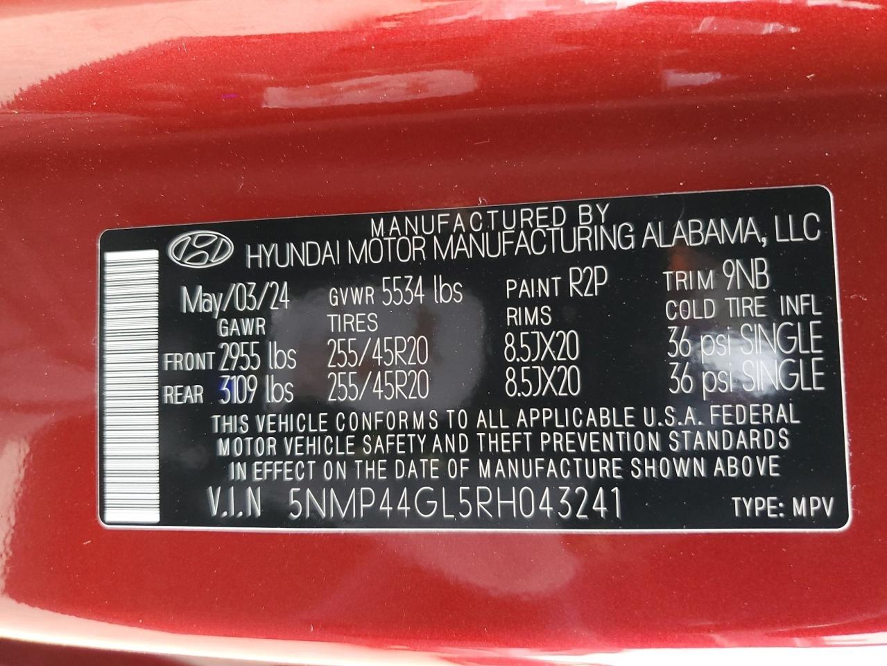 2024 HYUNDAI SANTA FE LIMITED VIN:5NMP44GL5RH043241