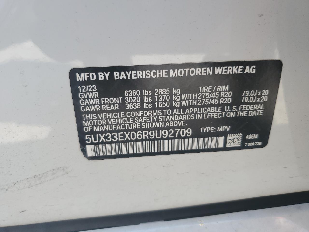 2024 BMW X6 XDRIVE40I VIN:5UX33EX06R9U92709