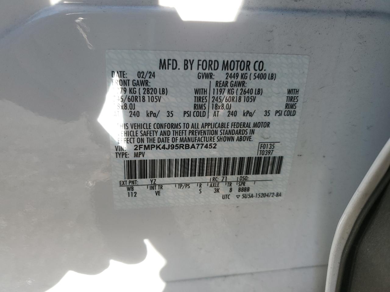 2024 FORD EDGE SEL VIN:2FMPK4J95RBA77452