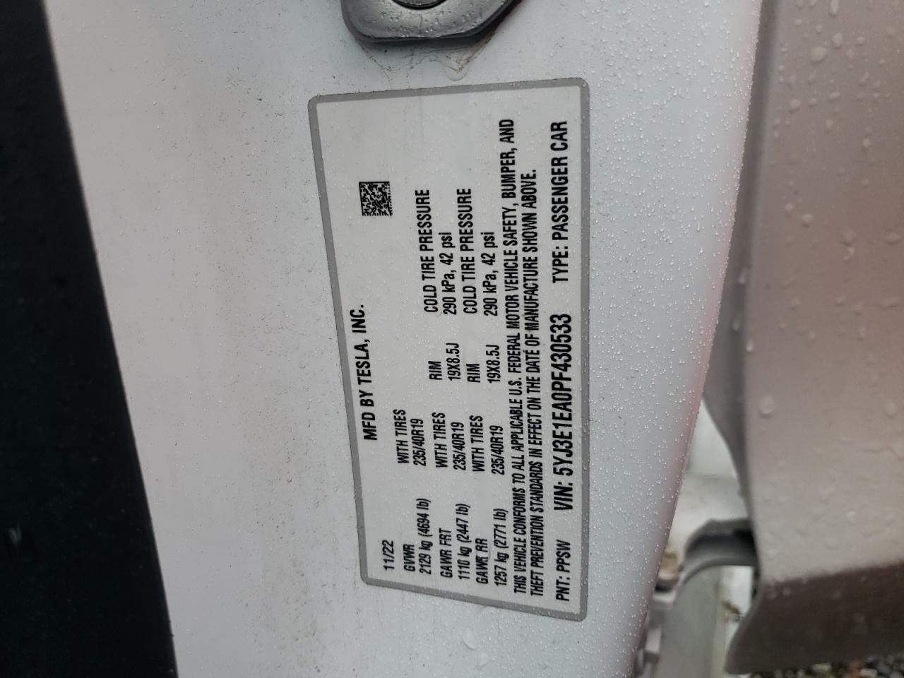 2023 TESLA MODEL 3  VIN:5YJ3E1EA0PF430533