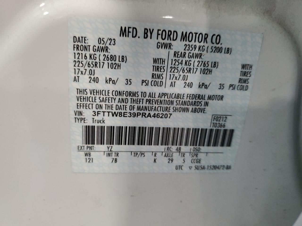 2023 FORD MAVERICK XL VIN:3FTTW8E39PRA46207