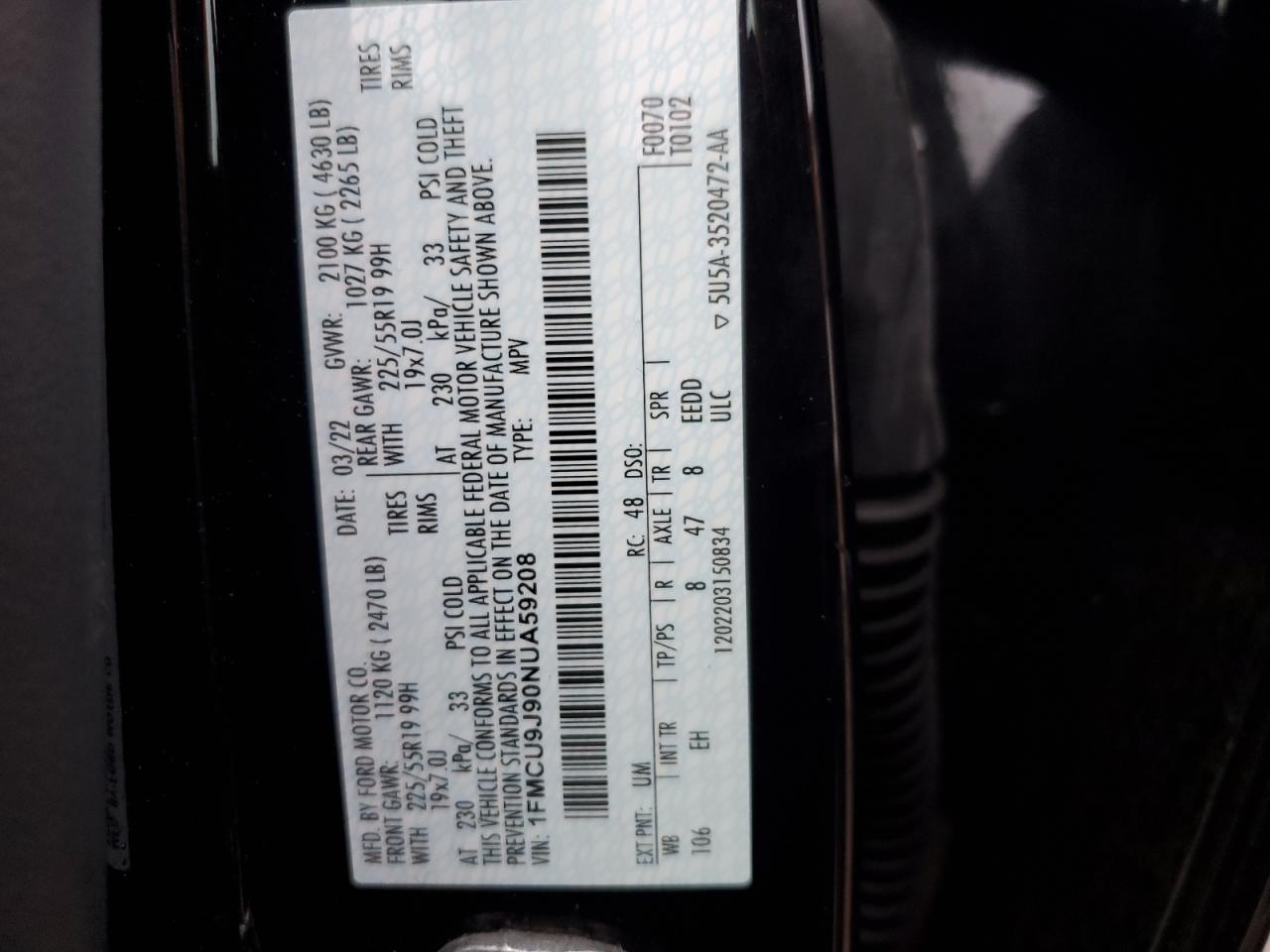 2022 FORD ESCAPE TITANIUM VIN:1FMCU9J90NUA59208
