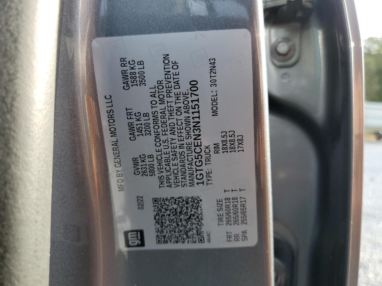 2022 GMC CANYON ELEVATION VIN:1GTG5CEN3N1151700