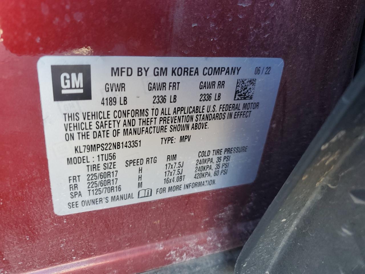 2022 CHEVROLET TRAILBLAZER LT VIN:KL79MPS22NB143351