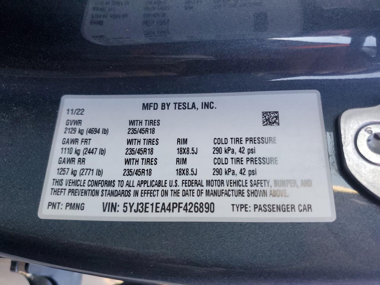 2023 TESLA MODEL 3  VIN:5YJ3E1EA4PF426890