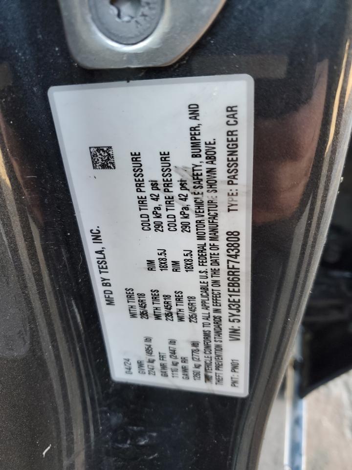 2024 TESLA MODEL 3 VIN:5YJ3E1EB6RF743808