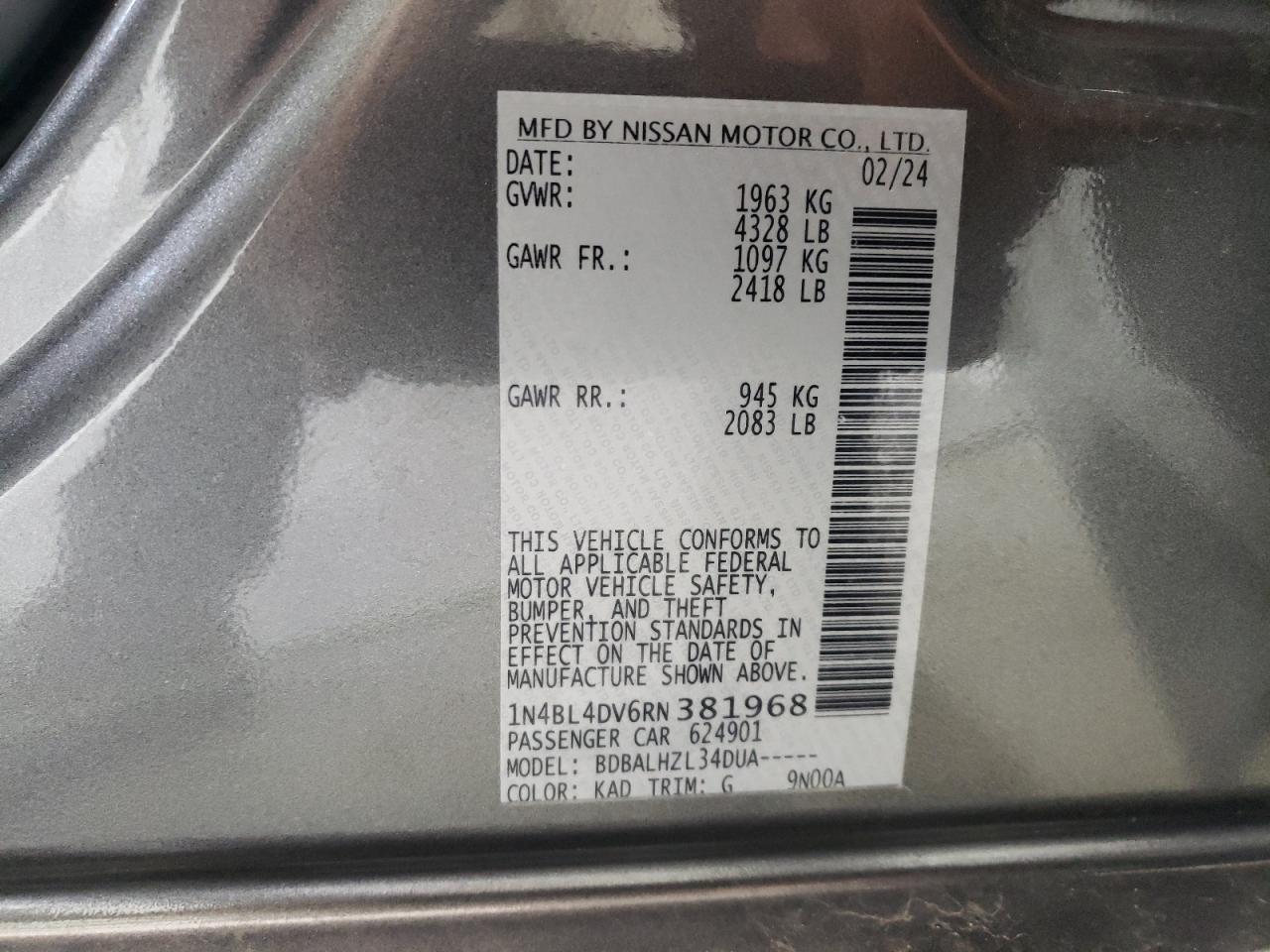 2024 NISSAN ALTIMA SV VIN:1N4BL4DV6RN381968