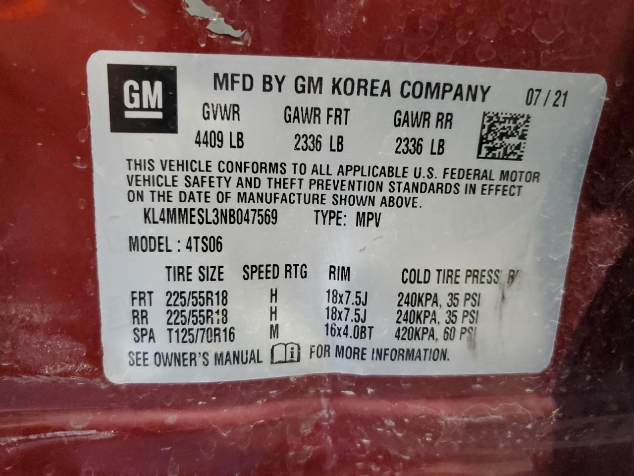 2022 BUICK ENCORE GX SELECT VIN:KL4MMESL3NB047569