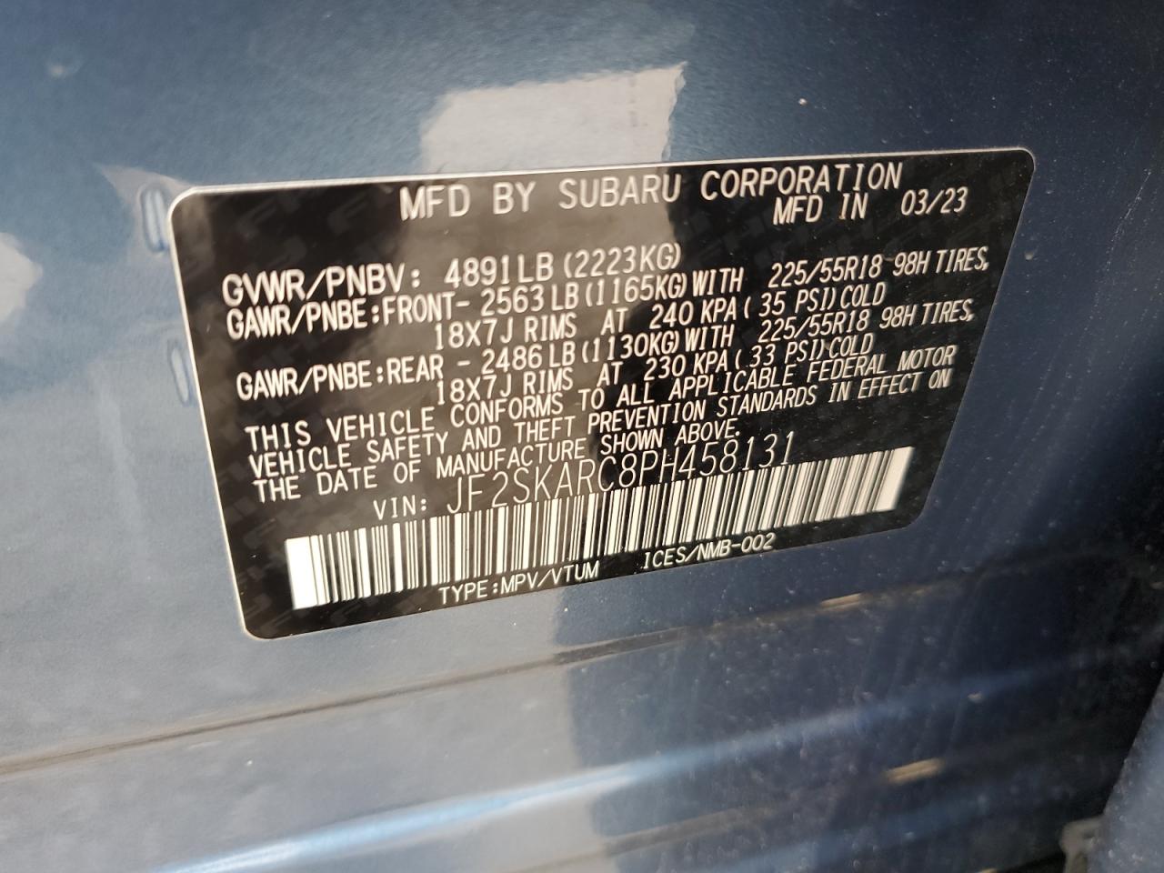 2023 SUBARU FORESTER TOURING VIN:JF2SKARC8PH458131