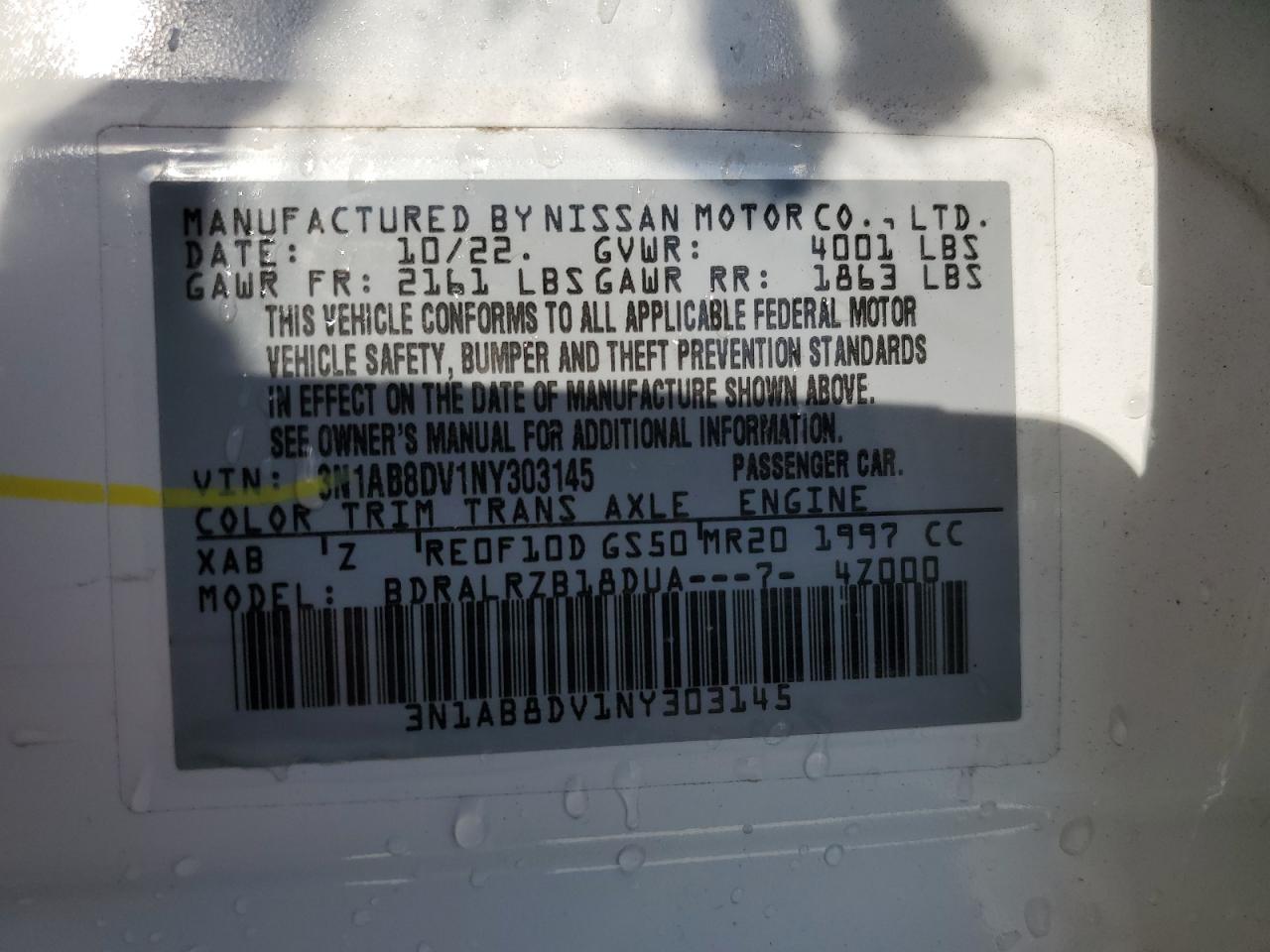 2022 NISSAN SENTRA SR VIN:3N1AB8DV1NY303145