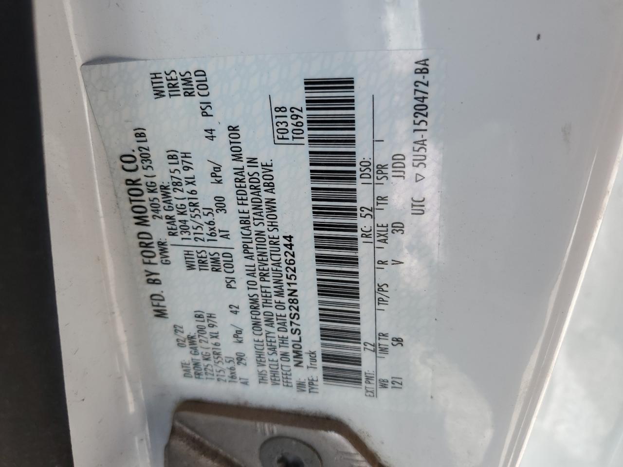 2022 FORD TRANSIT CONNECT XL VIN:NM0LS7S28N1526244
