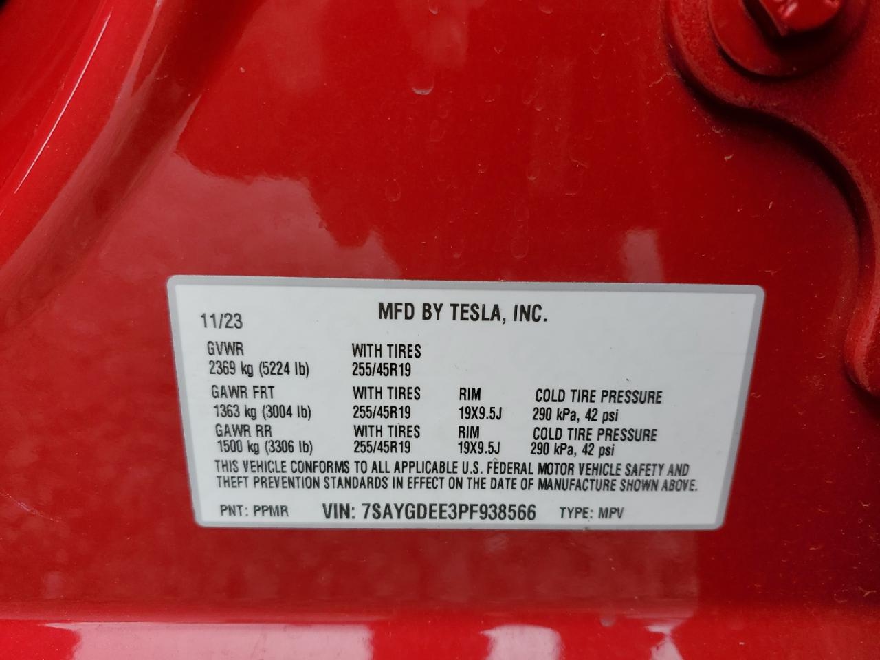 2023 TESLA MODEL Y  VIN:7SAYGDEE3PF938566