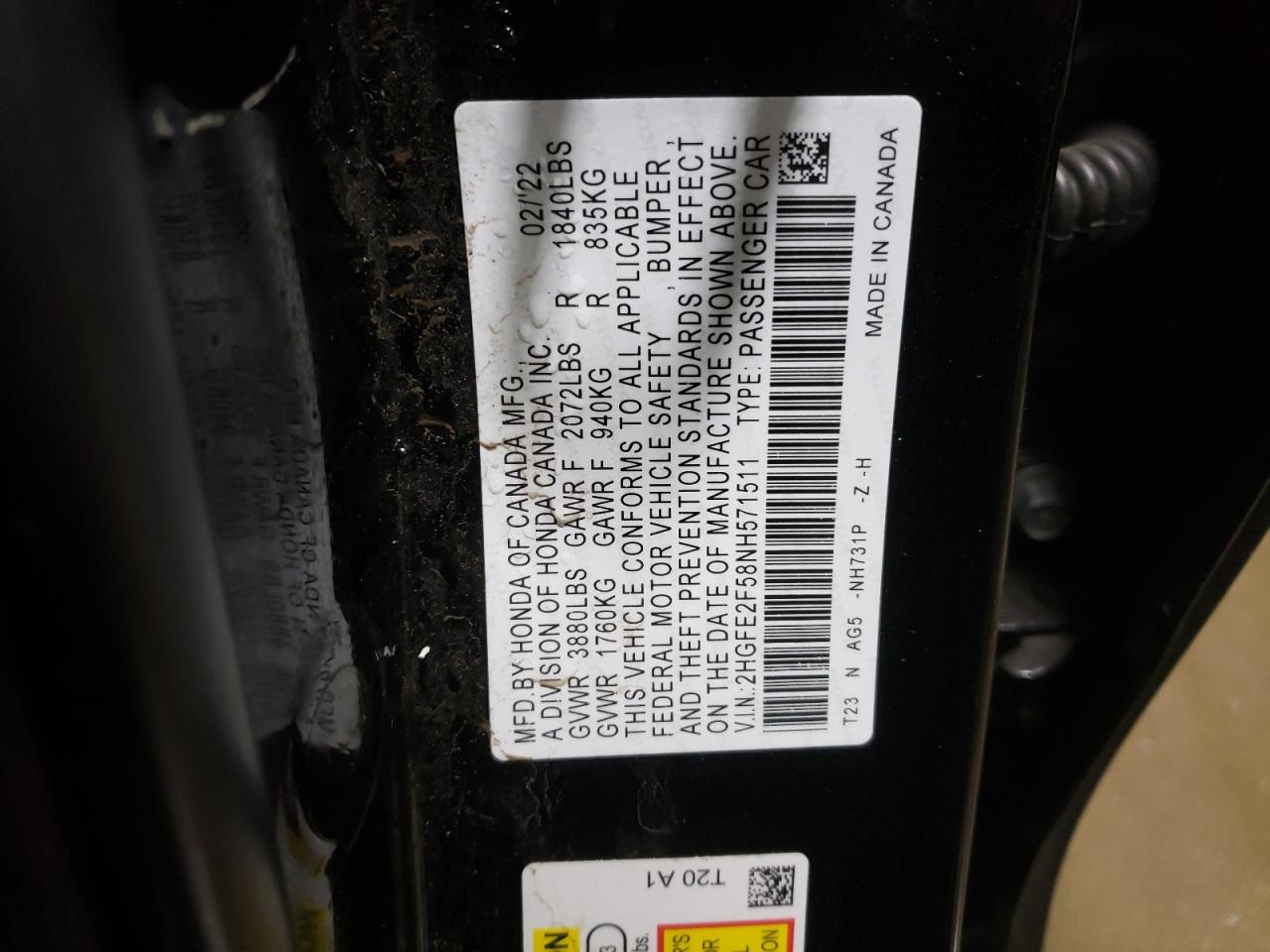 2022 HONDA CIVIC SPORT VIN:5FNYF6H77HB089326