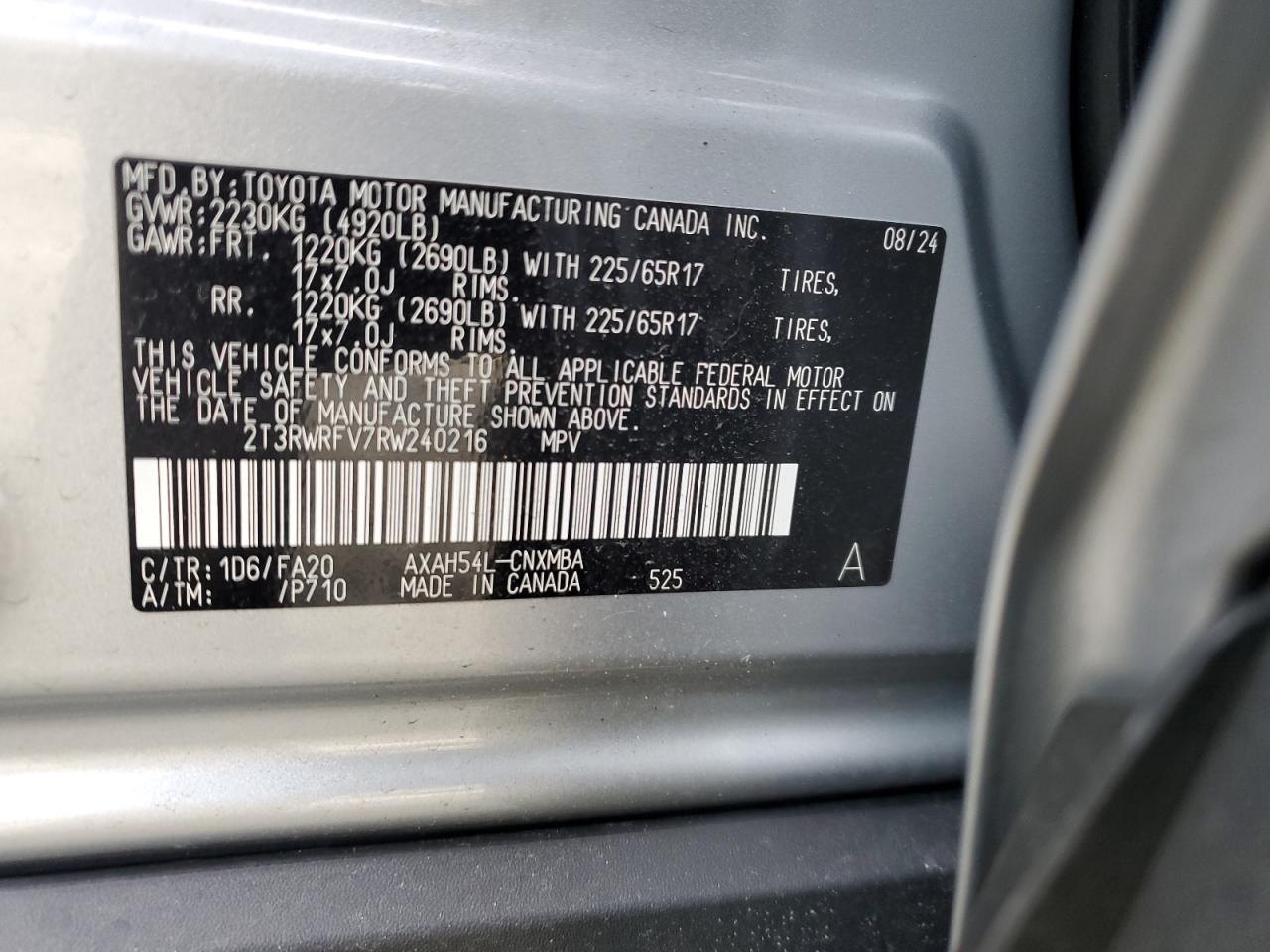 2024 TOYOTA RAV4 XLE VIN:2T3RWRFV7RW240216