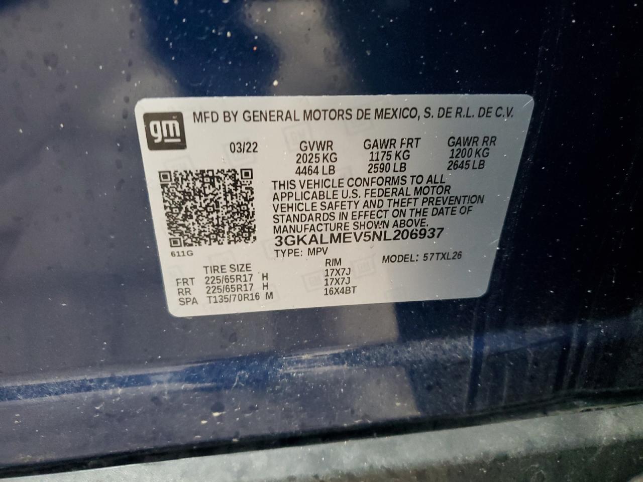 2022 GMC TERRAIN SLE VIN:3GKALMEV5NL206937