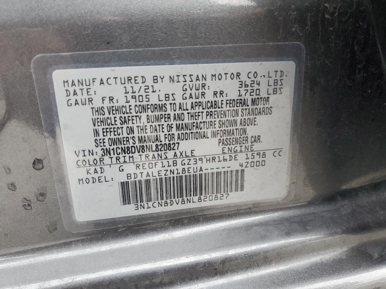 2022 NISSAN VERSA S VIN:3N1CN8DV8NL820827