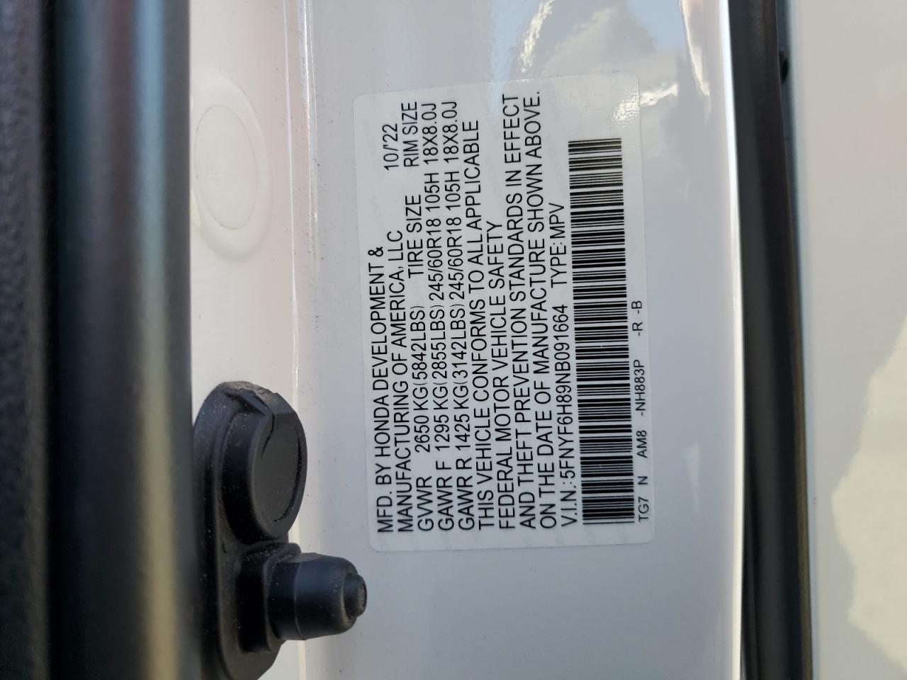 2022 HONDA PILOT TRAILSPORT VIN:5FNYF6H89NB091664