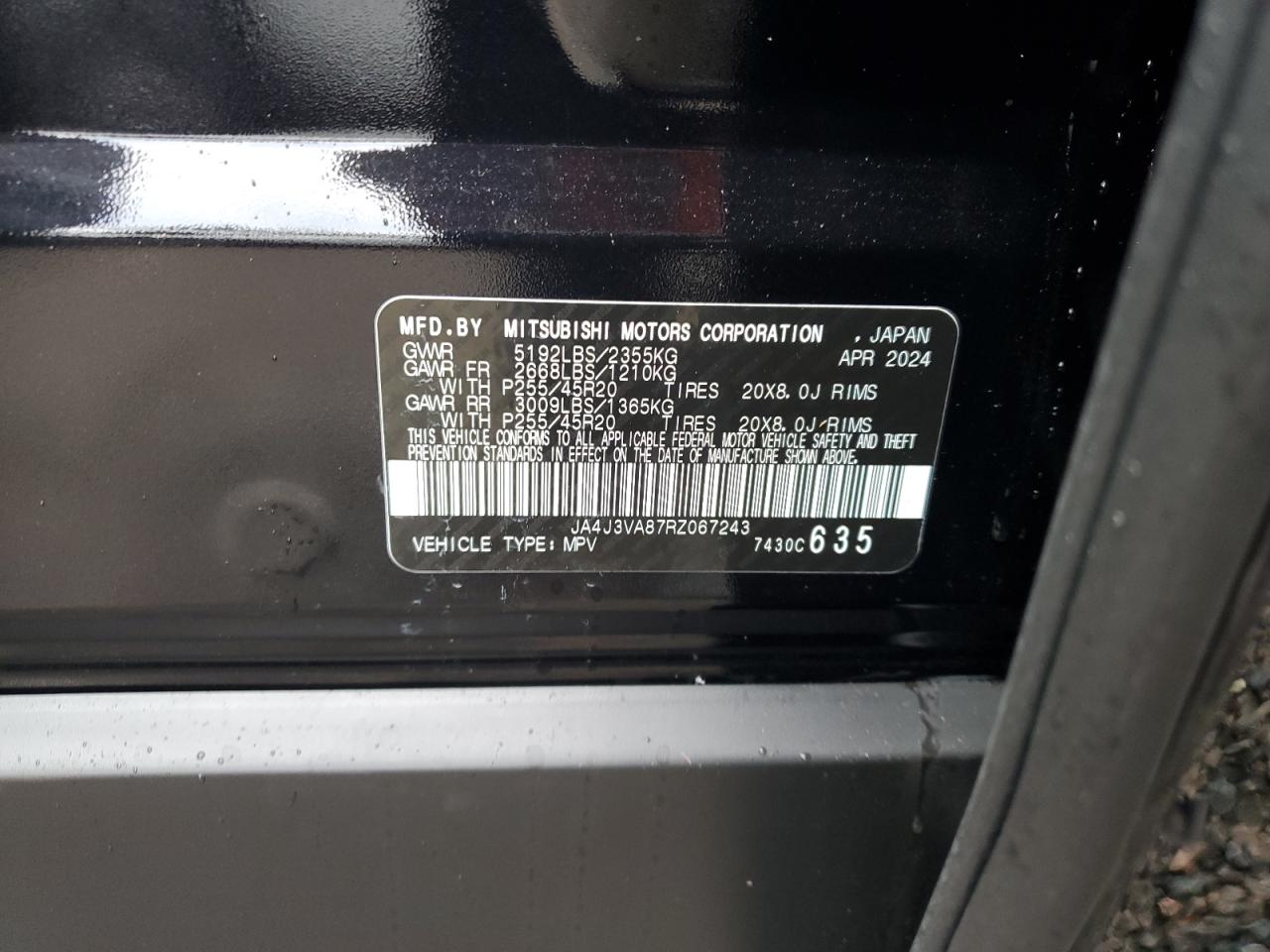 2024 MITSUBISHI OUTLANDER SE VIN:JA4J3VA87RZ067243