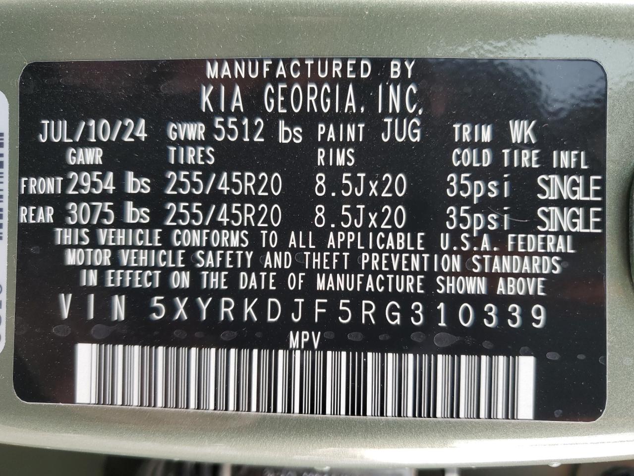2024 KIA SORENTO SX VIN:5XYRKDJF5RG310339