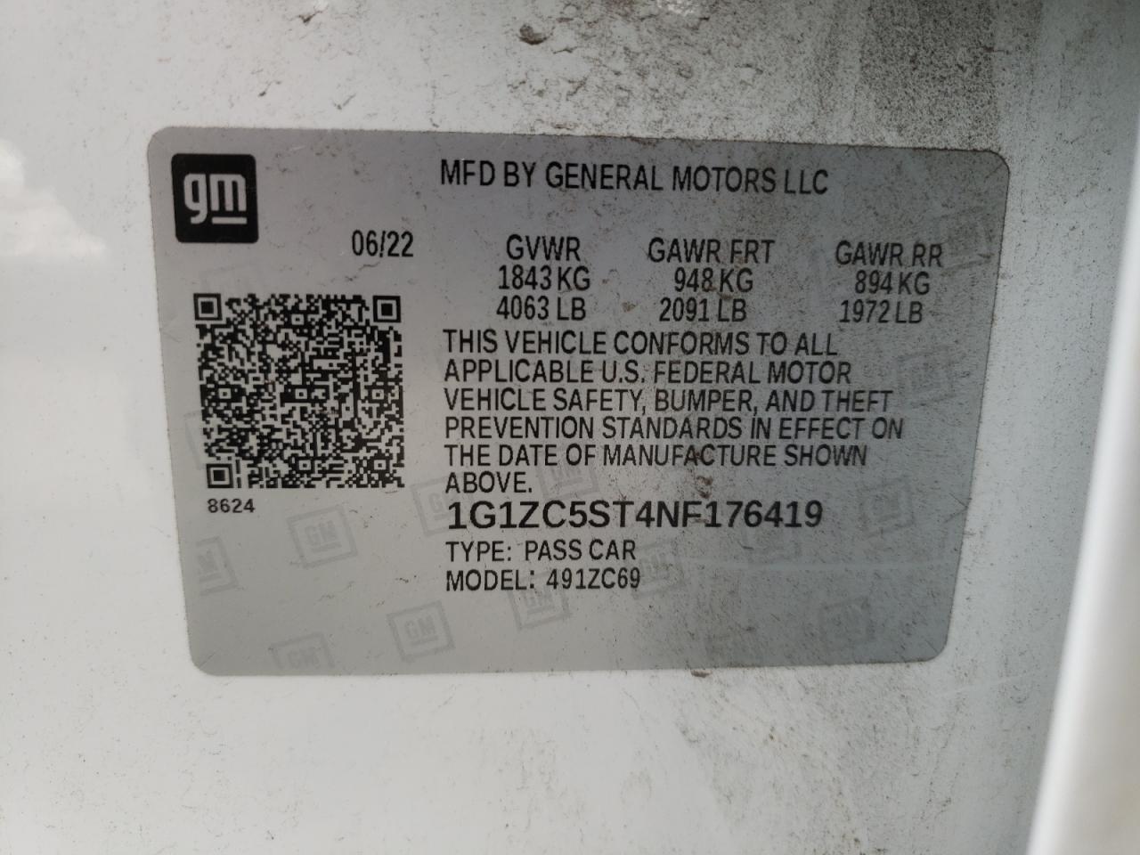 2022 CHEVROLET MALIBU LS VIN:1G1ZC5ST4NF176419