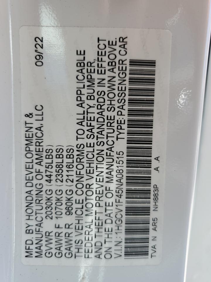 2022 HONDA ACCORD SPORT SE VIN:1HGCV1F45NA081515