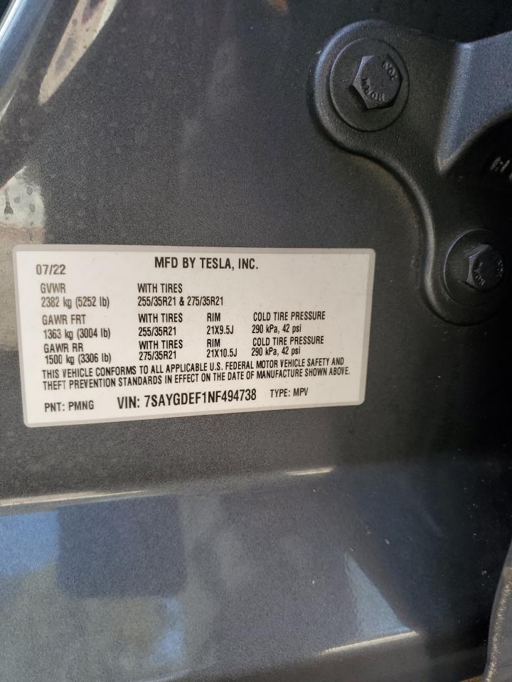2022 TESLA MODEL Y  VIN:7SAYGDEF1NF494738