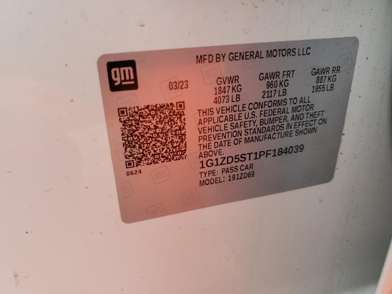 2023 CHEVROLET MALIBU LT VIN:1G1ZD5ST1PF184039