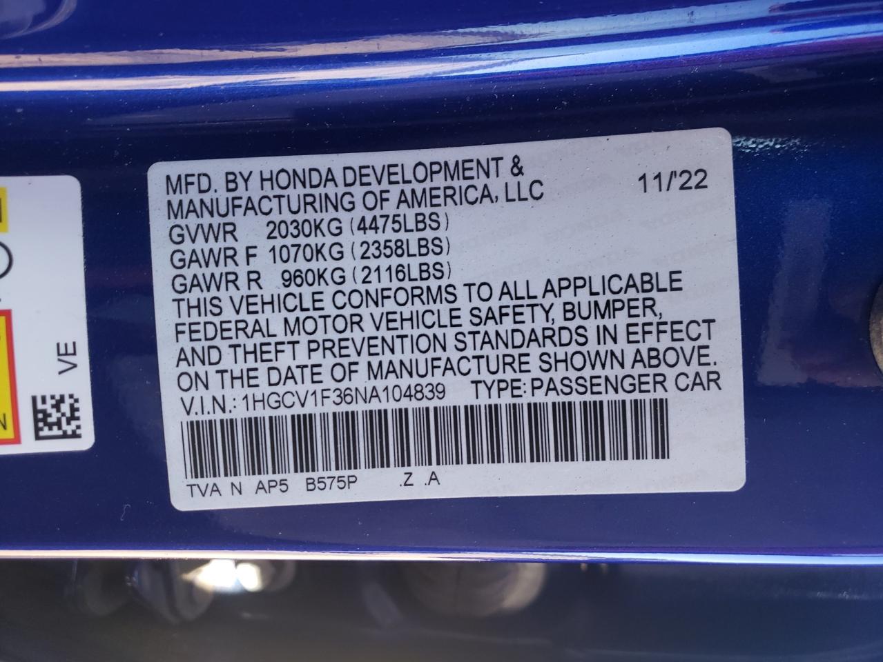 2022 HONDA ACCORD SPORT VIN:1HGCV1F36NA104839
