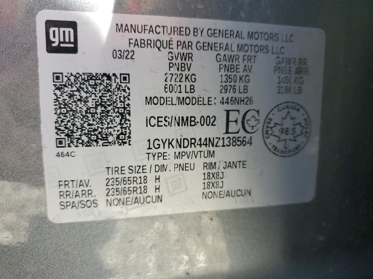 2022 CADILLAC XT5 PREMIUM LUXURY VIN:1GYKNDR44NZ138564