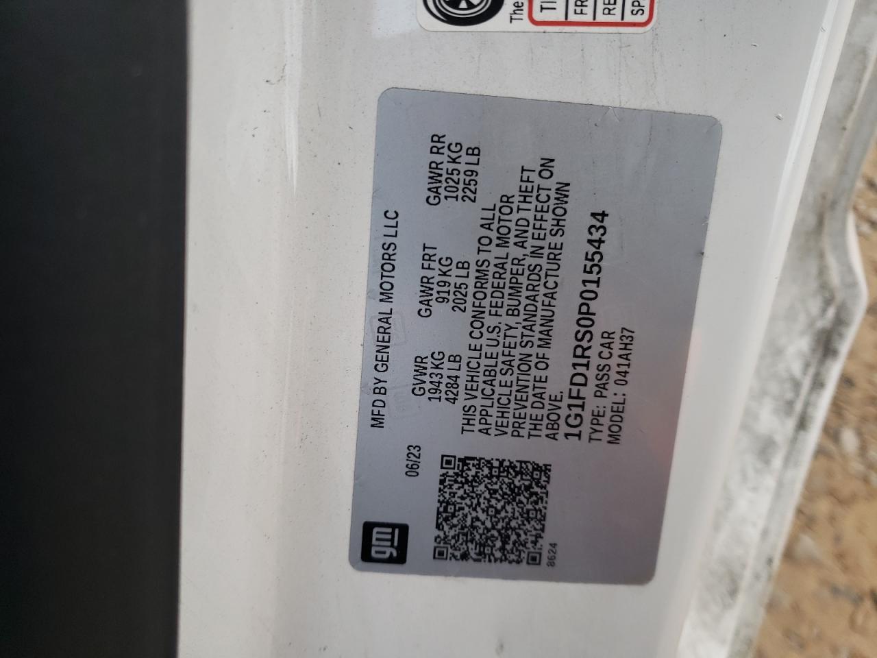 2023 CHEVROLET CAMARO LT VIN:1G1FD1RS0P0155434