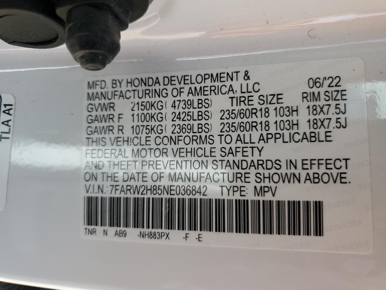 2022 HONDA CR-V EXL VIN:7FARW2H85NE036842