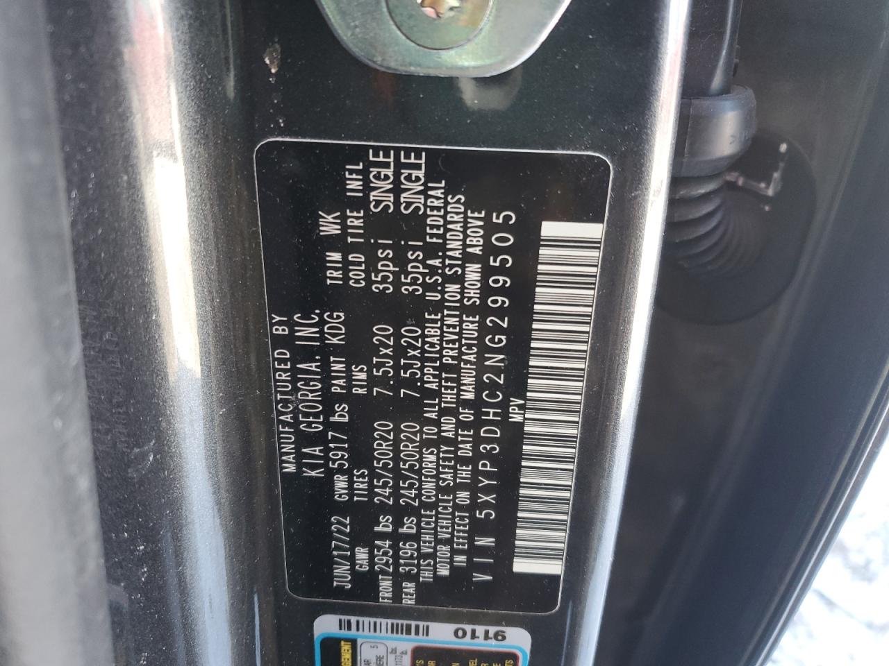 2022 KIA TELLURIDE EX VIN:5XYP3DHC2NG299505