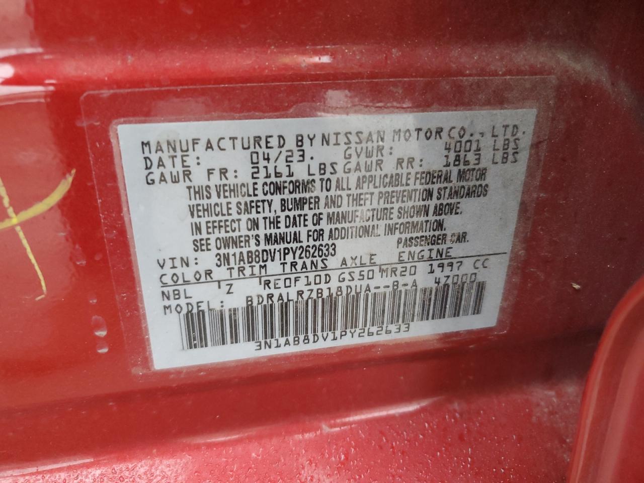 2023 NISSAN SENTRA SR VIN:3N1AB8DV1PY262633