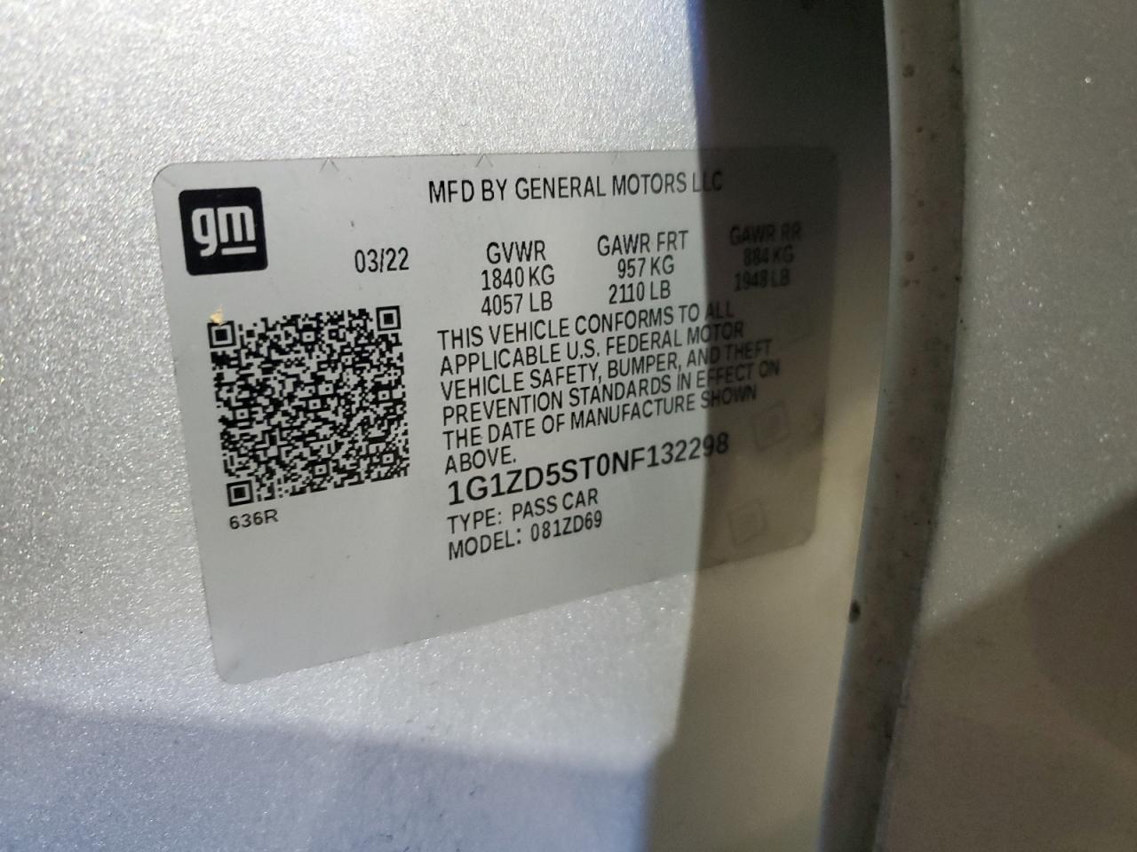 2022 CHEVROLET MALIBU LT VIN:1G1ZD5ST0NF132298