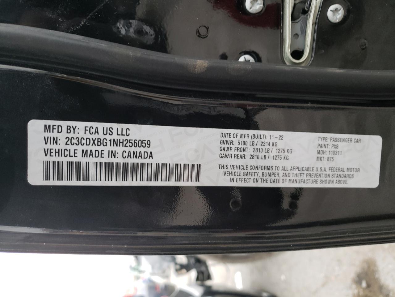 2022 DODGE CHARGER SXT VIN:2C3CDXBG1NH256059