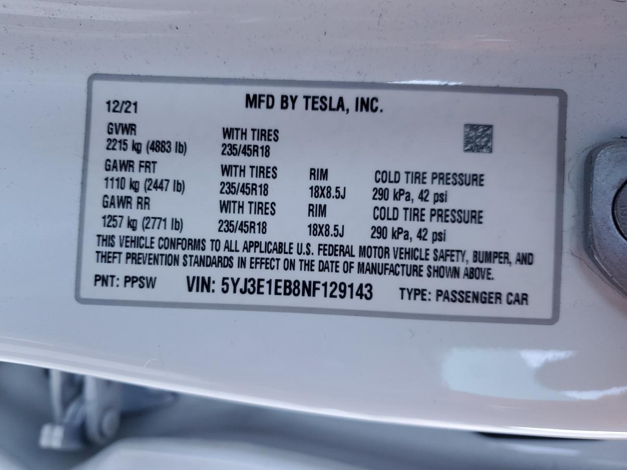 2022 TESLA MODEL 3  VIN:5YJ3E1EB8NF129143