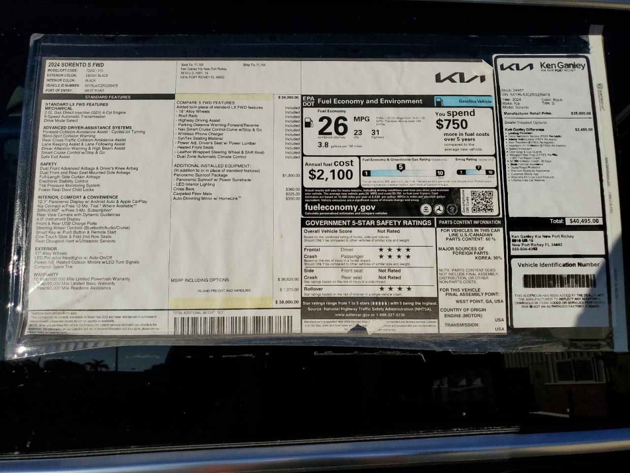 2024 KIA SORENTO S VIN:5XYRL4JC2RG299478