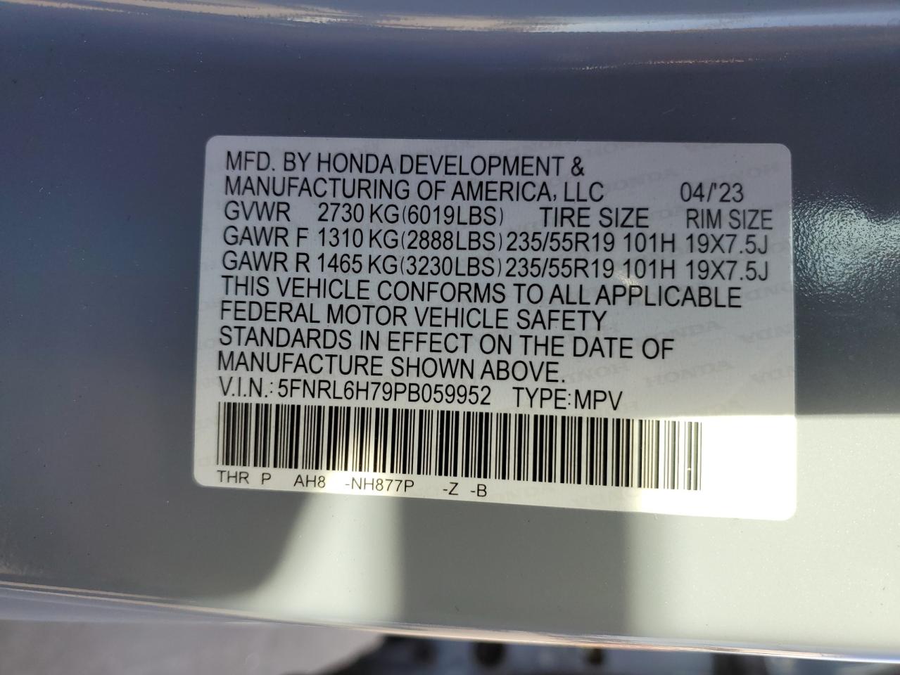 2023 HONDA ODYSSEY SPORT-L VIN:5FNRL6H79PB059952