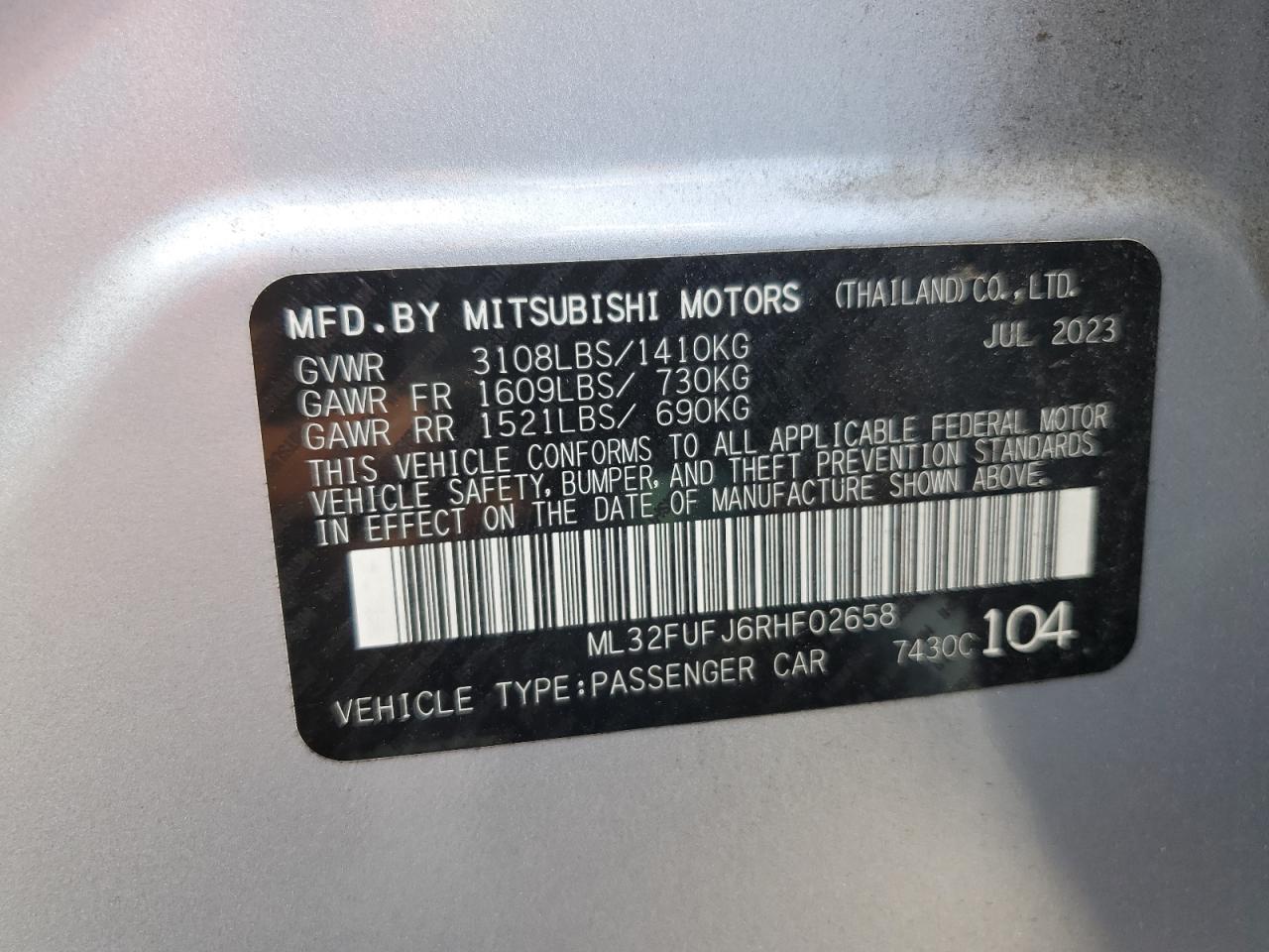 2024 MITSUBISHI MIRAGE G4 ES VIN:ML32FUFJ6RHF02658