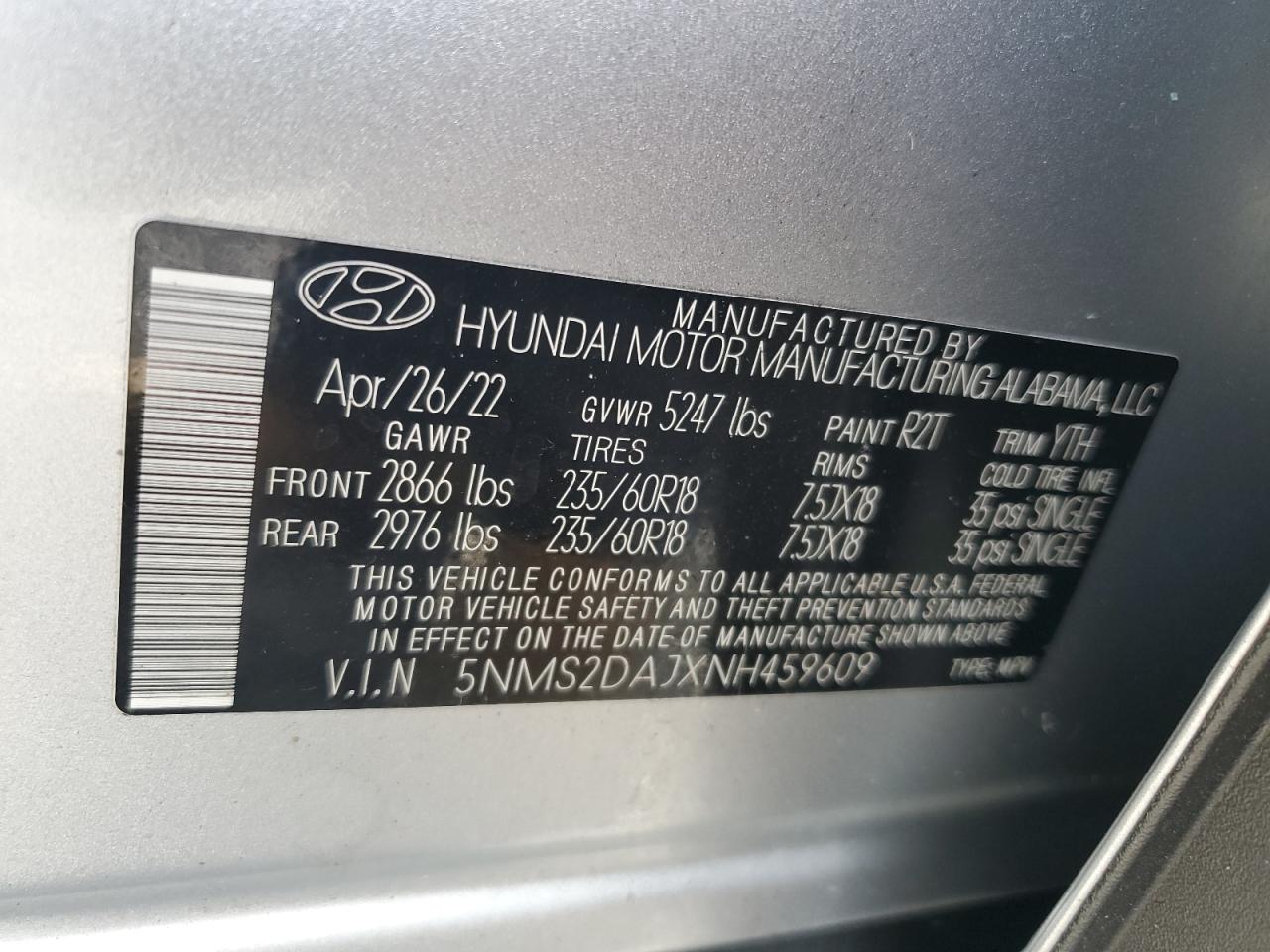2022 HYUNDAI SANTA FE SEL VIN:5NMS2DAJXNH459609
