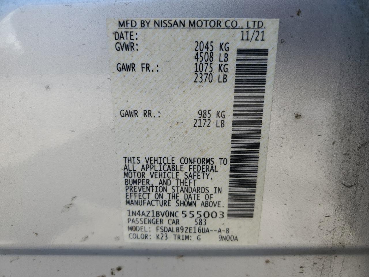 2022 NISSAN LEAF S VIN:1N4AZ1BV0NC555003